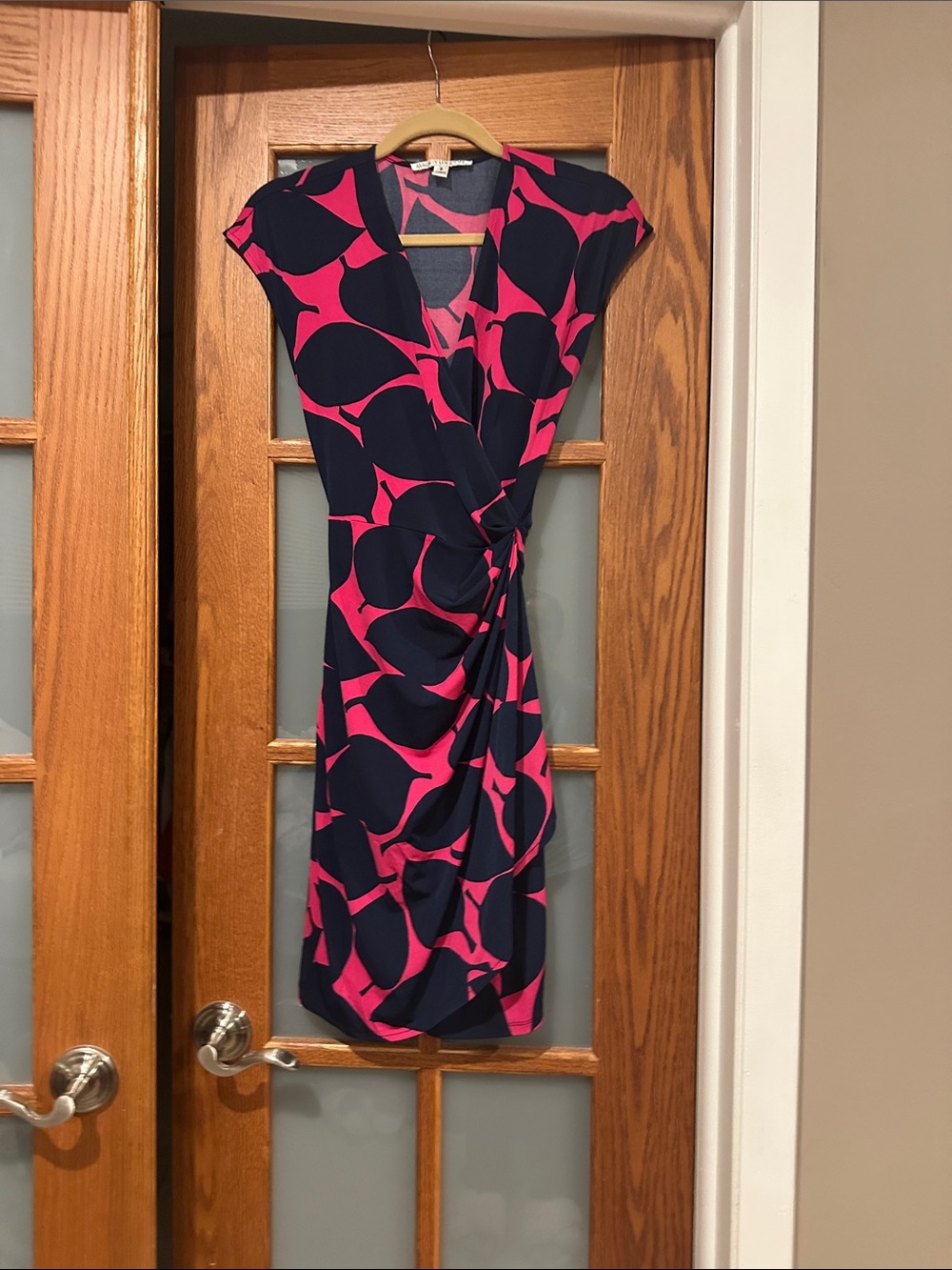 Maggy London Navy and Hot Pink Printed Wrap Dress